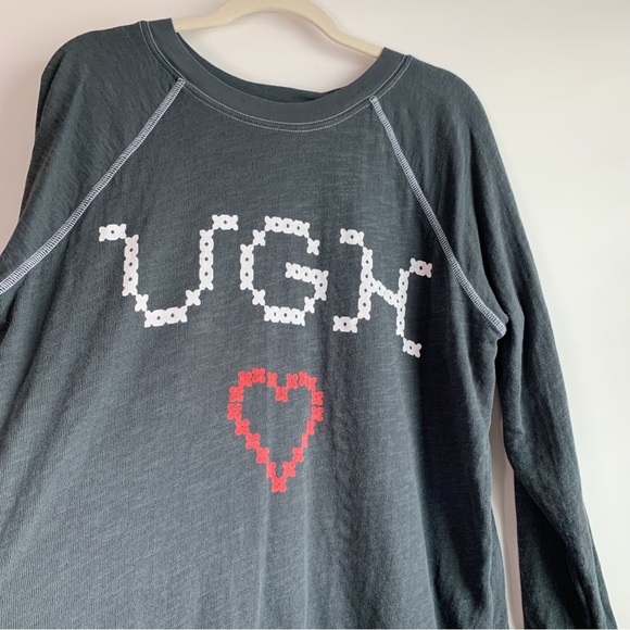 WILDFOX "UGH" Sweatshirt Faux Knit Stitching Graphic Gray Olive Green Size XS - Picture 3 of 7